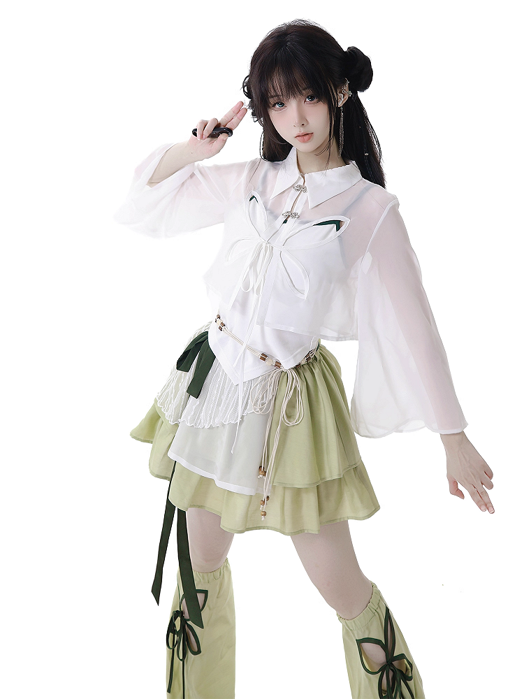 Buttons Style Shirt Cheongsam Butterfly-shaped Cutout White Sheer Chiffon Knot Short Version