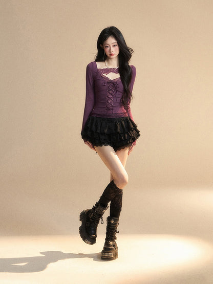 Glamorous Top with Lace-up Purple V-Neck Contrast Lace Patches Detail Front at