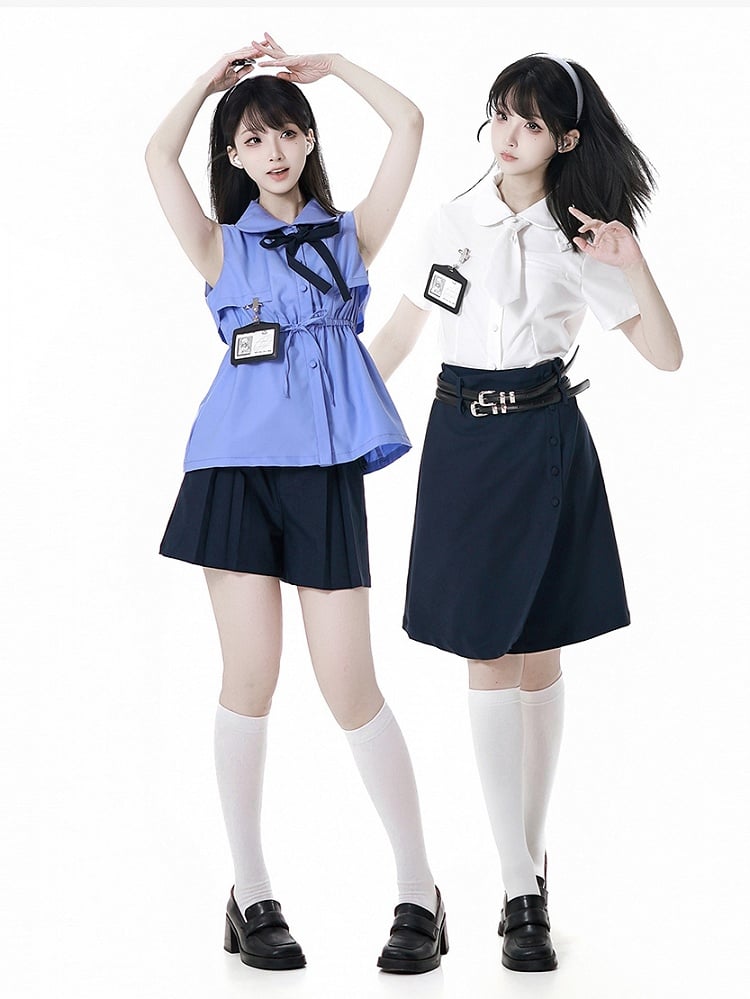 Navy Blue Box Pleat Shorts with Buckle Belt