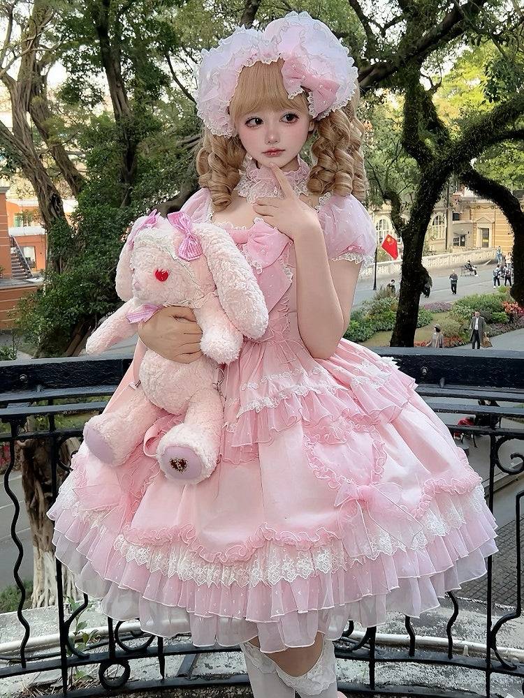 Robe Lolita rose à gros nœud et manches bouffantes style princesse