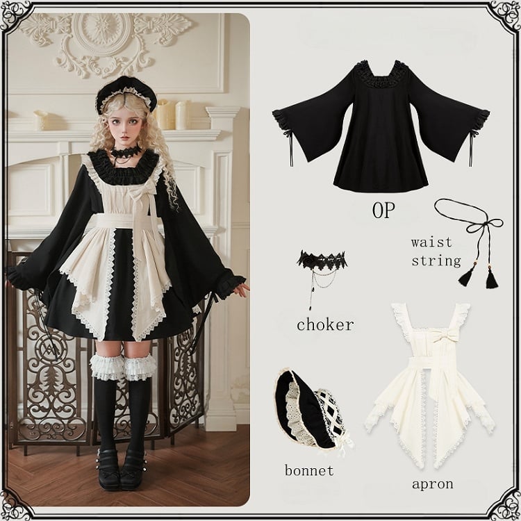 Dress Version Set Ruffle Neckline Short Lolita Long Full Maid Square Wa Black Sleeves