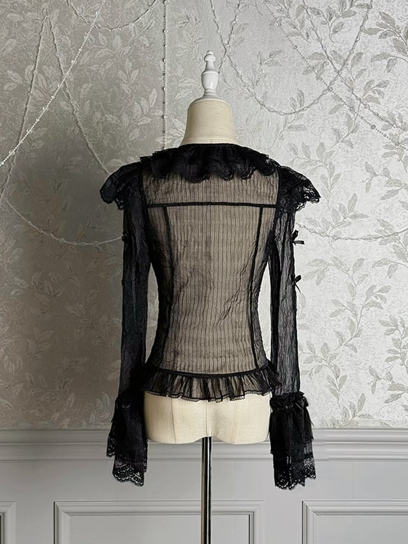 Sleeves Long Blouse Black Semi-sheer Bowknots
