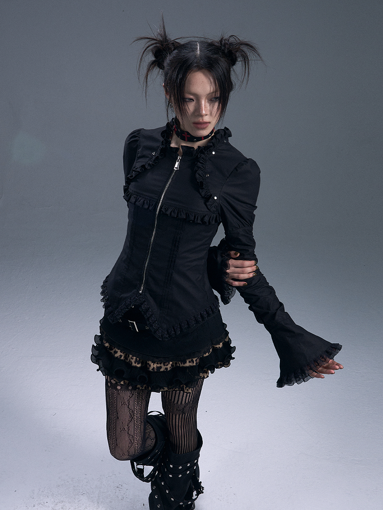 Lace-Trimmed Zipped Black Gothic Vintage Top