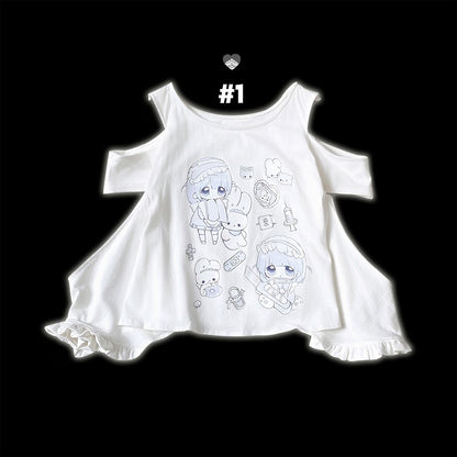 Yami Kawaii Cartoon Print Cutout Shoulder White Jirai Kei T-shirt