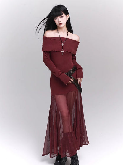 Robe glamour rouge vin semi-transparente à épaules dénudées