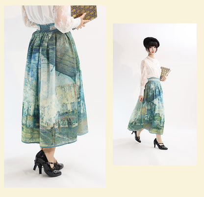 Saint-Lazare Oil Painting Print Green Waist Skirt Version Gare Long/Short High