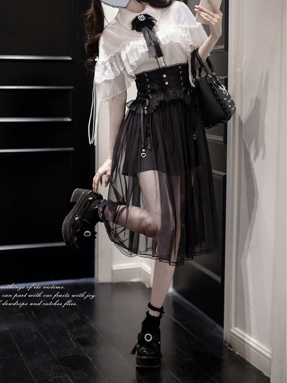 with Trim and Lace Jirai Kei White Cape Design Blouse Flat Collar Pointed