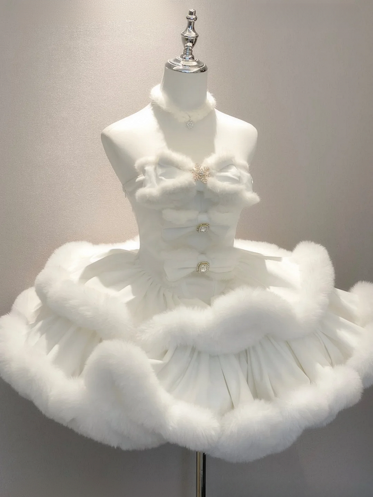 White Snowflake Bows Bodice Plush Trimming Strapless Dress