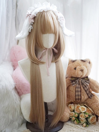 Milk White/Caramel/Orange/Pink&Black Waist Length Straight Wig With Full Bangs
