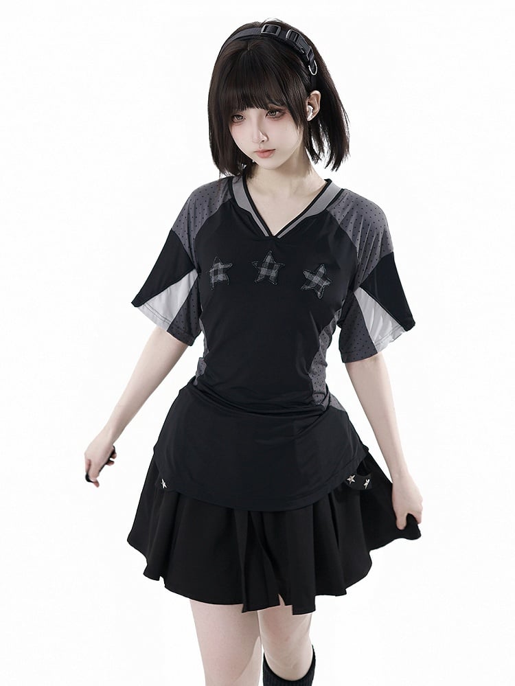T-shirt Star Appliques V-neck Sports Colorblock Design Plaid Black/Gray
