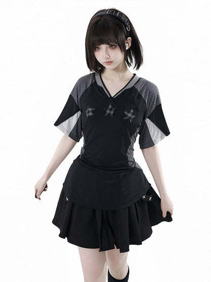 T-shirt Star Appliques V-neck Sports Colorblock Design Plaid Black/Gray