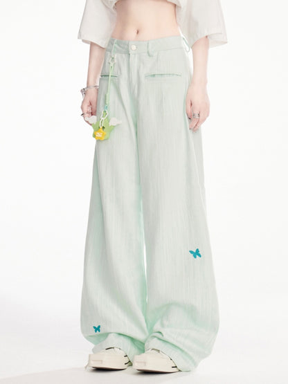 Mint Green Low Waist Butterfly Embroidery Wide-Leg Pants