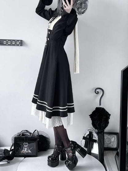 Black Ruffled Trim Long Sleeves Nun Dress