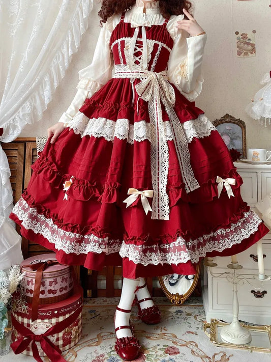 Pink Lolita Style Adjustable Ruffle Red Skirt Straps Dress House Jumper