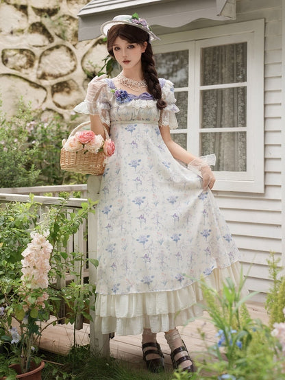 One Waist Print Iris Dress Lolita Piece Square Elegant Empire Floral Neckline