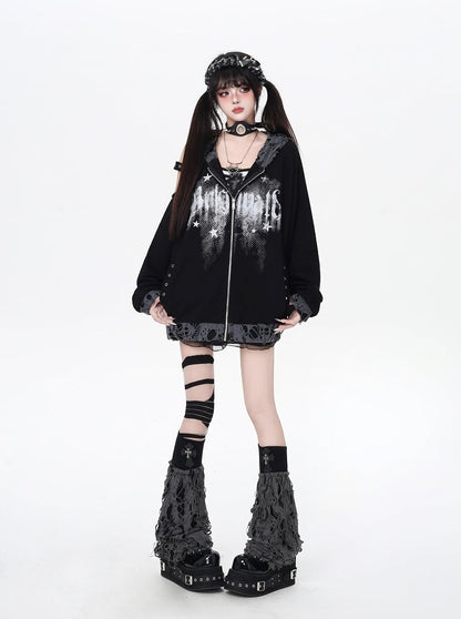 Zip-up Hooded Jacket with Distressed Holes and Cutout Shoulder White/Black