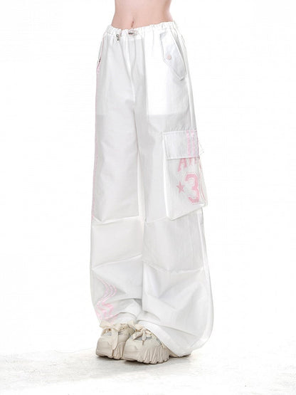White Drawstring Waist Cargo Pockets Loose Straight-Leg Pants