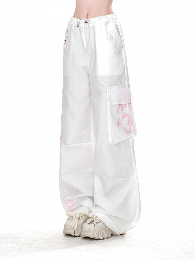 White Drawstring Waist Cargo Loose Straight-Leg Pants Pockets