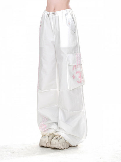 White Drawstring Waist Cargo Loose Straight-Leg Pants Pockets