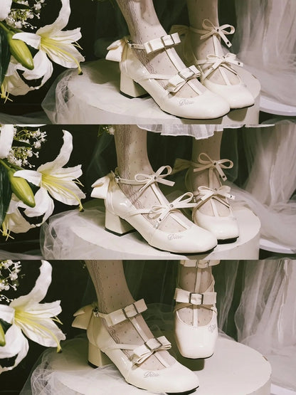 Lolita Toe Heels Polished Middle Accents Bow Design Elegant Square T-strap White with