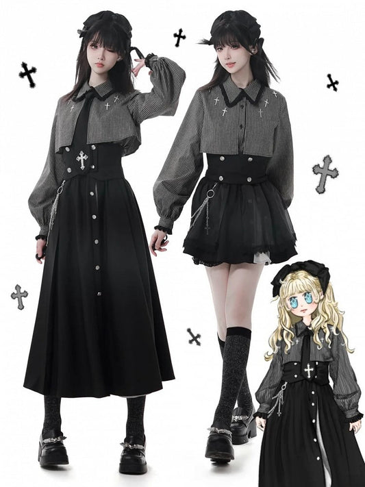 Gray Gothic Cross Black Oversized Shirt Collar Two-Piece Faux Dark Details Stripe Lace and Cuffs with |