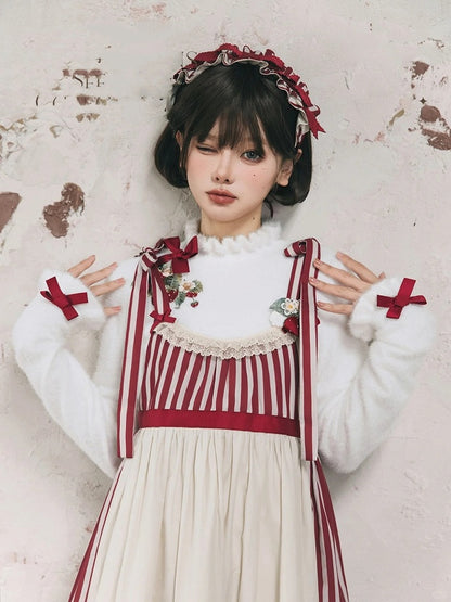 on Embroidery Autumn Top Neckline White Cuffs Knit Bowknot Strawberry