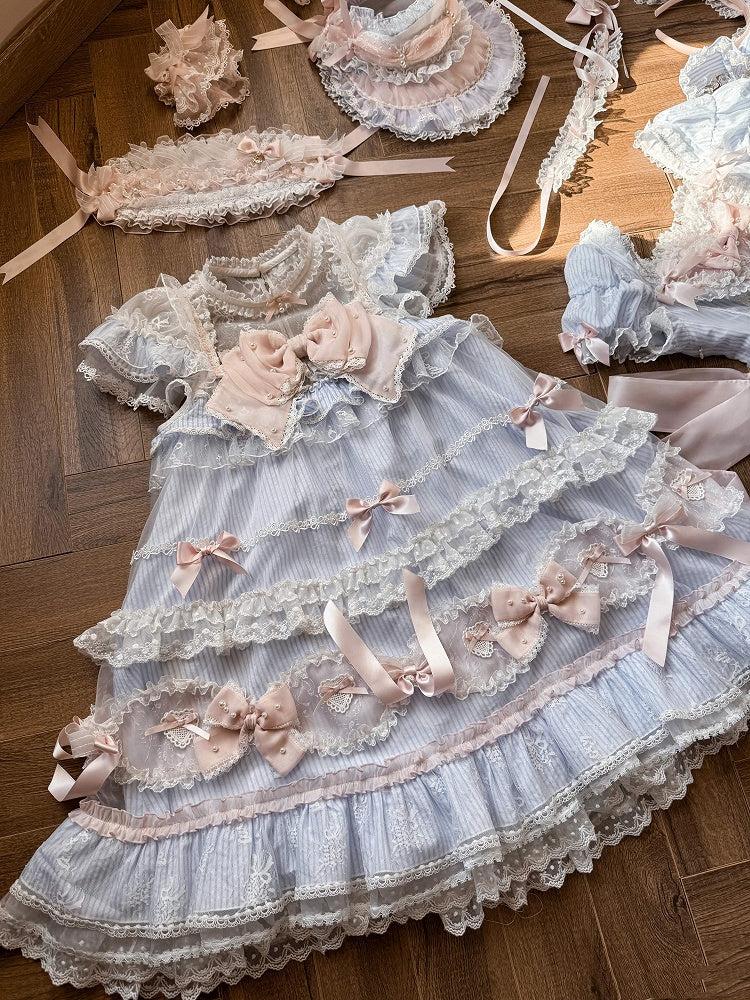 Gestreiftes Schleifenmuster Süß verziertes Kleid Lolita Blau Rosa