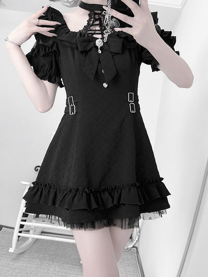 Detail Lace-up Jirai Kei Halter Neck Dress with Bow Black Tie