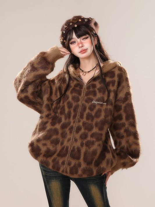 Brown Leopard Thick Hooded Zip Jacket