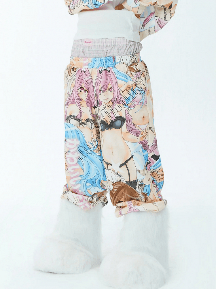 Elastic Waist Cartoon Print Straight-Leg Pants Colorful