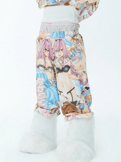Elastic Waist Cartoon Print Straight-Leg Pants Colorful