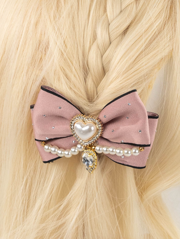 Jirai Kei Heart Rhinestones and Beads Bowknot Hairclip