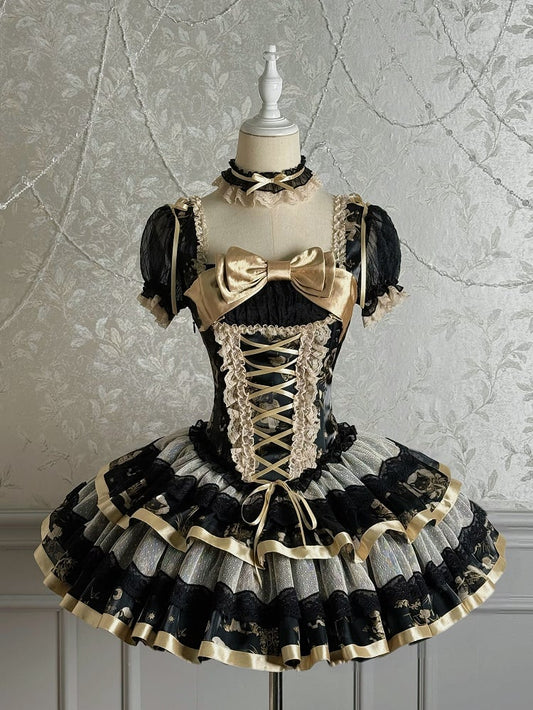 Print Puff Short Gold Dress Corset Bunny Lolita and Black Kitty Sleeves
