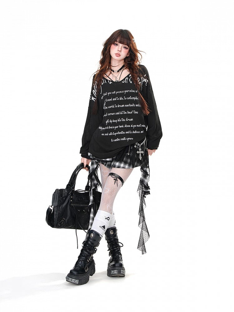 Black/White/Blue Semi-sheer V-neck Letter Loose Hoodie