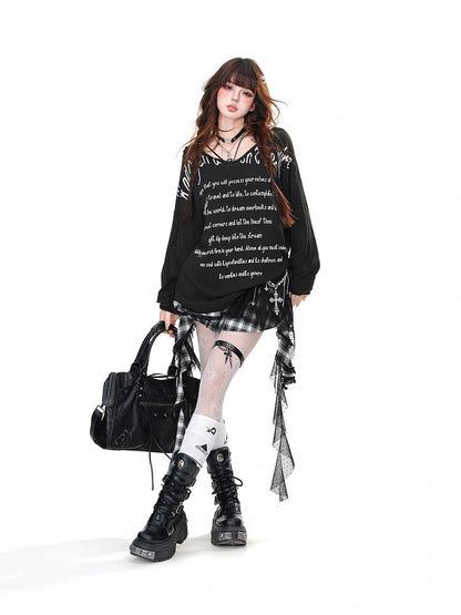 Black/White/Blue Semi-sheer V-neck Letter Loose Hoodie