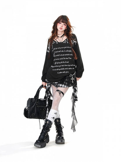 Hoodie V-neck Black/White/Blue Letter Print Loose Semi-sheer