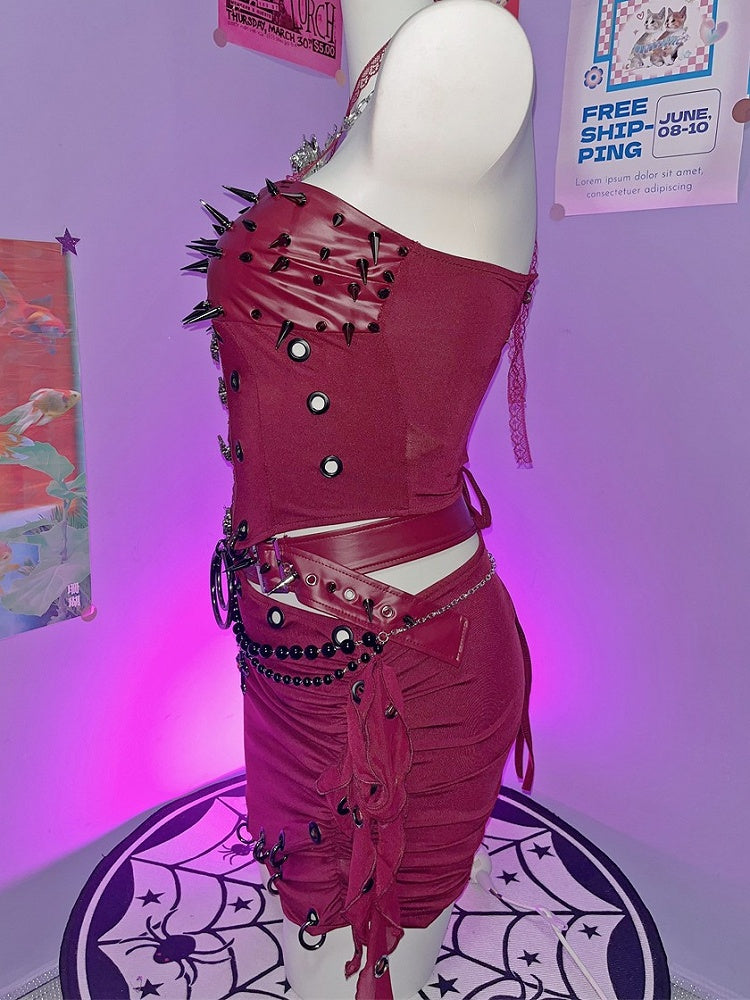 Top + Punk Studs Mini Set Skirt Red