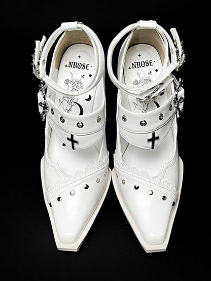 Punk Pointed Toe High Block Heels in White Coffin Buckles and Metal Cross with Gothic 8.5cm