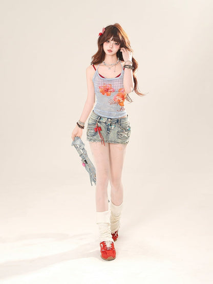 Pink/Blue Floral Print Semi-Sheer Halter Neck Top with Red Plaid Camisole Set
