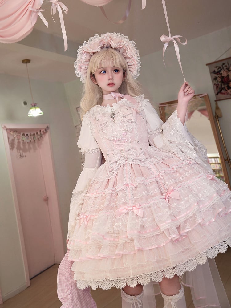 Pink Hanayome Bowknots Decorated Layered Skirt Sweet Hime Lolita Jumper Skirt Set