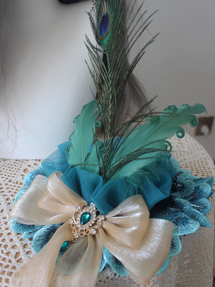 Mini Strass Blau Verziert Bowknot Version Pfau Hut Design Feder Wunderschöne