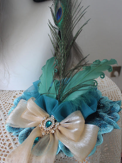 Mini Strass Blau Verziert Bowknot Version Pfau Hut Design Feder Wunderschöne