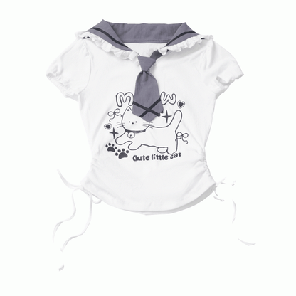 Side Armwear Free Ears with T-shirt Kitty Design Sailor Collar White Drawstring
