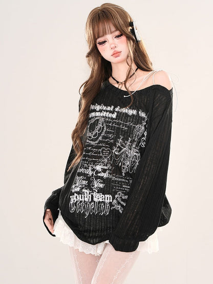 Black/White Asymmetrical Neckline Loose Fit Printed Top