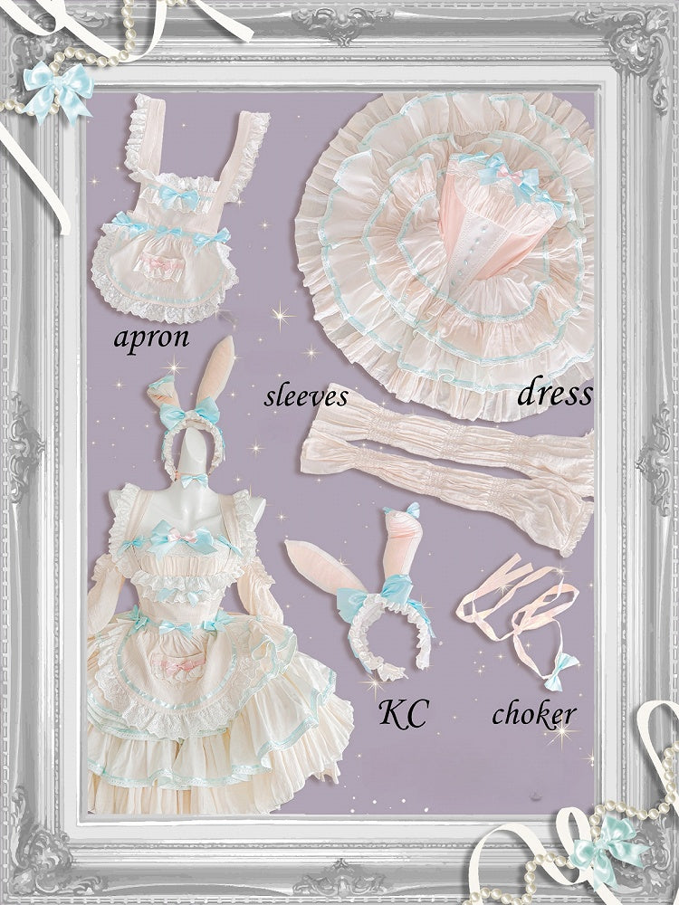 Robe bouffante sans bretelles à volants et taille basque avec tablier rose et vert menthe