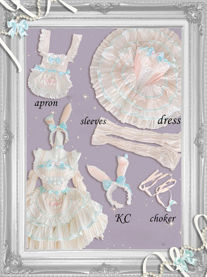 Robe bouffante sans bretelles à volants et taille basque avec tablier rose et vert menthe