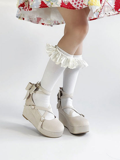 Platforms Crisscross Velvet Toe Round Sweet Bow Design - Wedge Beige Lolita Accent
