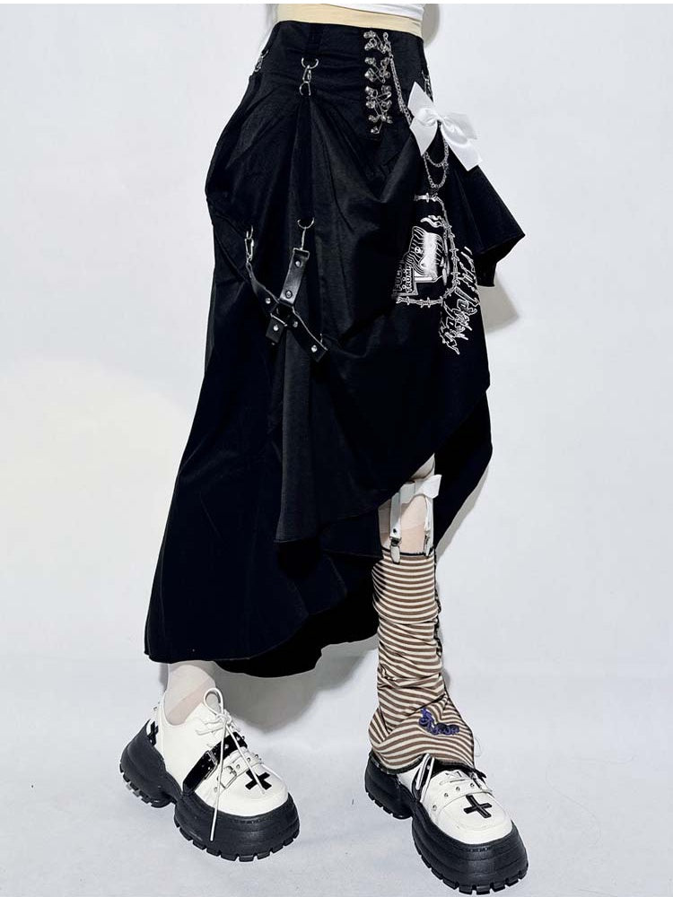 Punk Black Pin Chain Asymmetrical Hem Kitty Detachable Bow Skirt