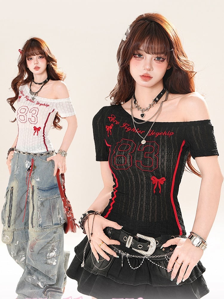 Asymmetrischer Ausschnitt, Zahlendruck, Weiß/Schwarz, halbtransparentes T-Shirt