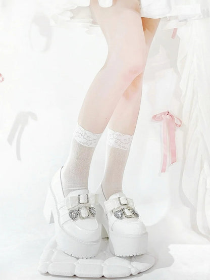 with Jirai Platform Matte Rhinestone Bow White 10cm Heart Loafers Kawaii Kei Heel